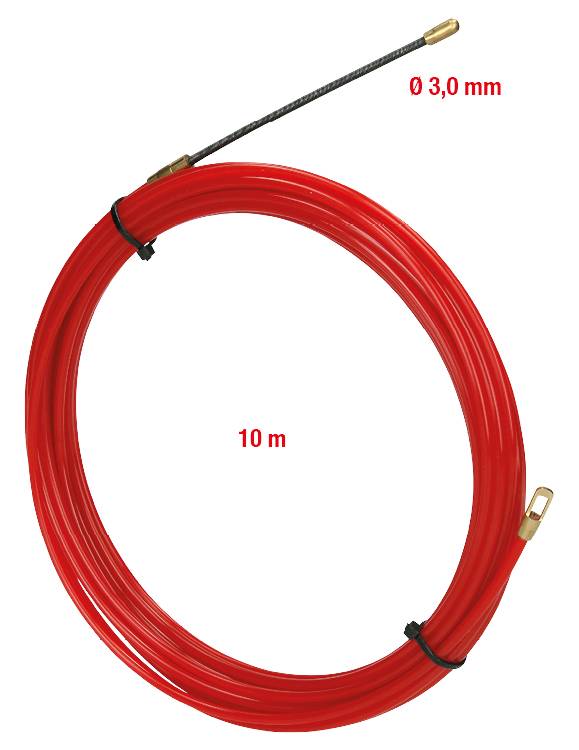 Rött kabeldragband, 10 meter långt, diameter 3,0 mm, med metallinlägg i ändarna, för dragning av kablar i rör.