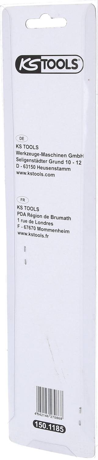 'KS TOOLS' Förpackningsetikett med adress till Verktygsmaskin GmbH i Tyskland och filialen i Frankrike. Artikelnummer: 150.1185.