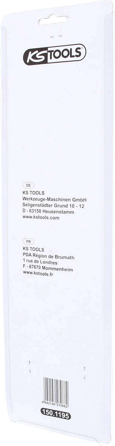 Baksida av en förpackning från KS Tools, visar företagets adress och kontaktinformation i Tyskland och Frankreich.