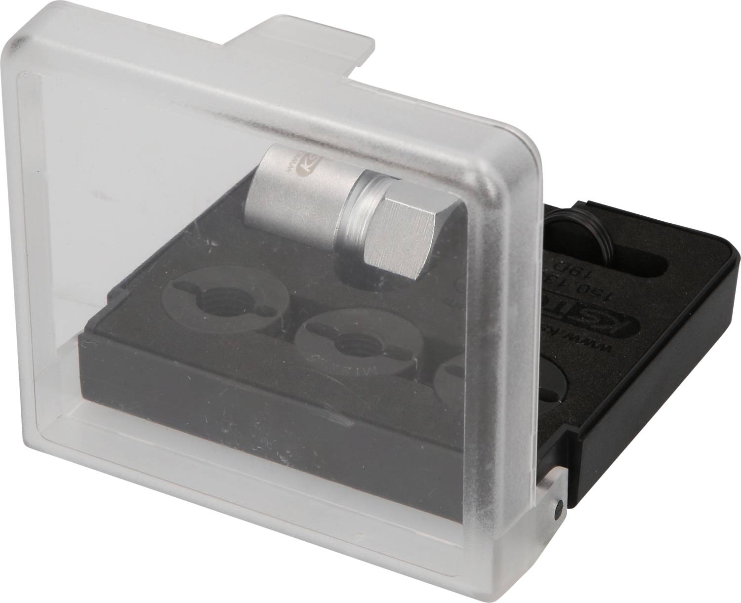 Bilden visar en transparent plastlåda med svart insats som innehåller fyra rundade delar och en silverfärgad metallcylinder.