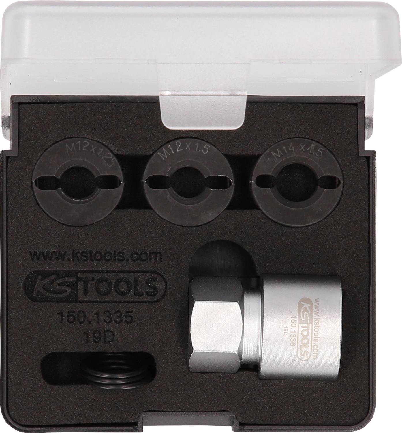 En set från KS Tools, bestående av tre stöldskydd i en svart låda. Innehåller storlekar M12x1.5, M14x1.5 och en adapter.