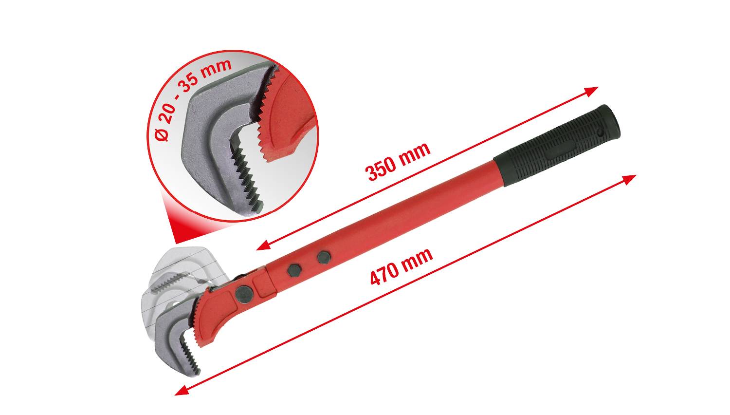 Stor röd rörtång med halksäkert grepp, justerbart huvud för rördiameter från 20-35 mm. Mått: 350 mm och 470 mm.