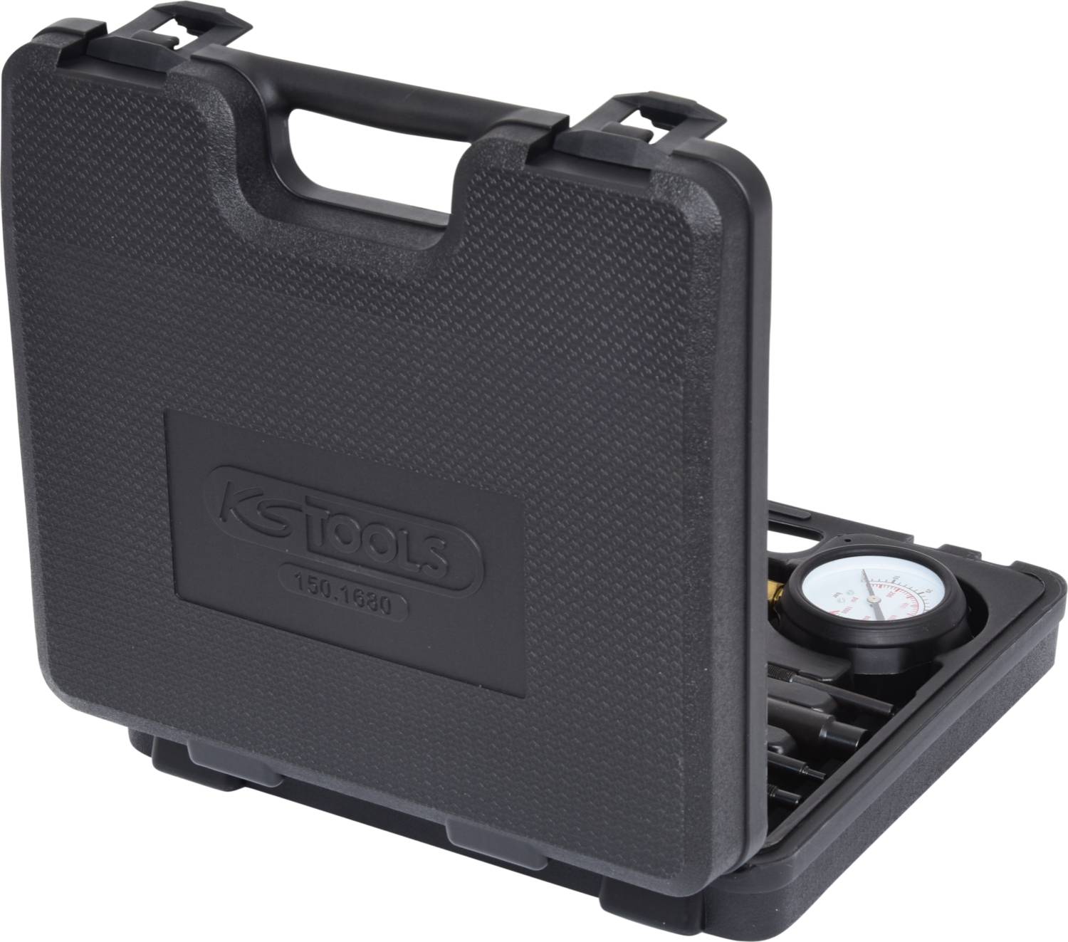 Svart plastlåda med öppnat lock. Ett manometer syns, intill finns verktygsfack.