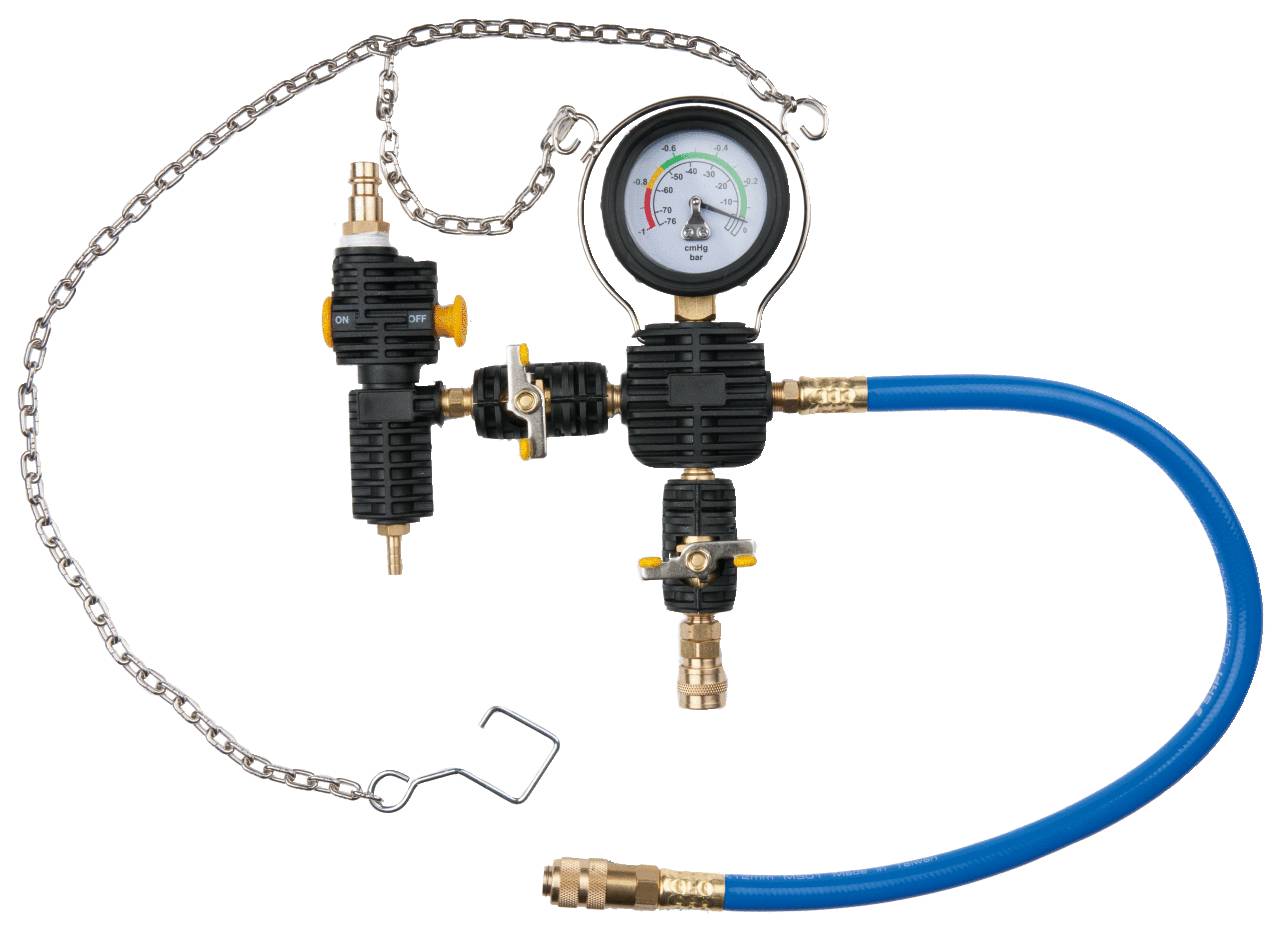 En däckpumpningsstation med manometer, blå slang, tryckreglage och klämma. Lämplig för att pumpa och lufta däck.