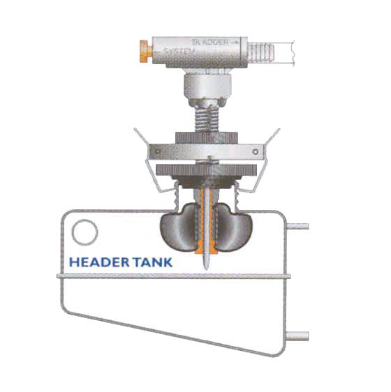 Diagram över en header-tank med ventil och flödesreglering. Visar systemets anslutningar och huvudkomponenter.
