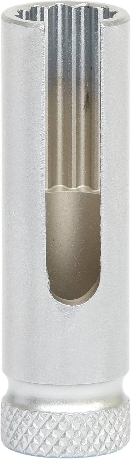 Silverfärgad tändstiftnyckel med sexkantig öppning och räfflat handtag för bättre grepp. Mekaniker-verktyg.