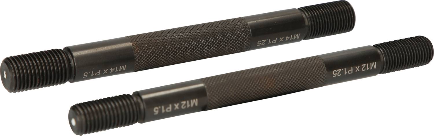Två svarta, cylindriska metallgängtappar märkta med 'M12 x P1.25' och 'M14 x P1.5'.