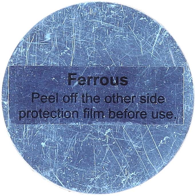 En blå klistermärke med texten 'Ferrous. Ta bort skyddsfilmen på andra sidan innan användning.'
