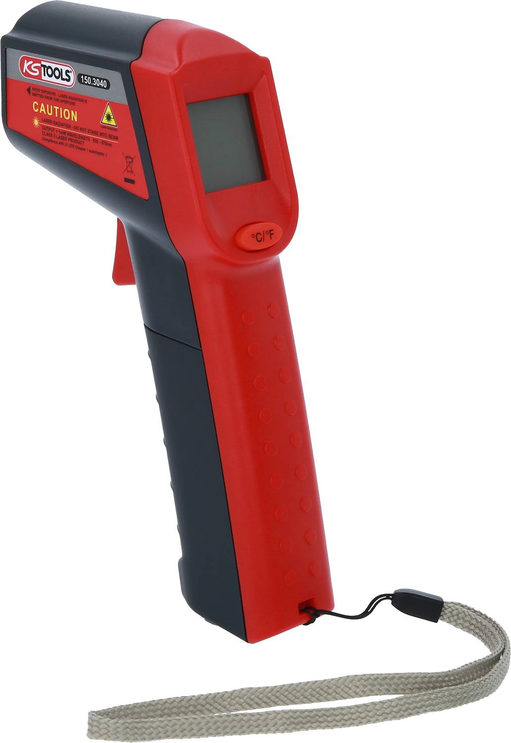 Ett rött infraröd termometer för kontaktfri temperaturmätning, med digitalt display och bärrem.