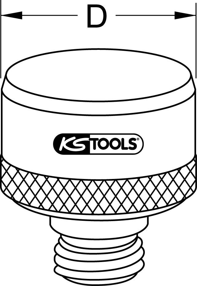 En teknisk ritning visar en påsatsadapter med cylindriskt huvud, märkt med 'KS Tools'. En diameter är angiven med 'D'.