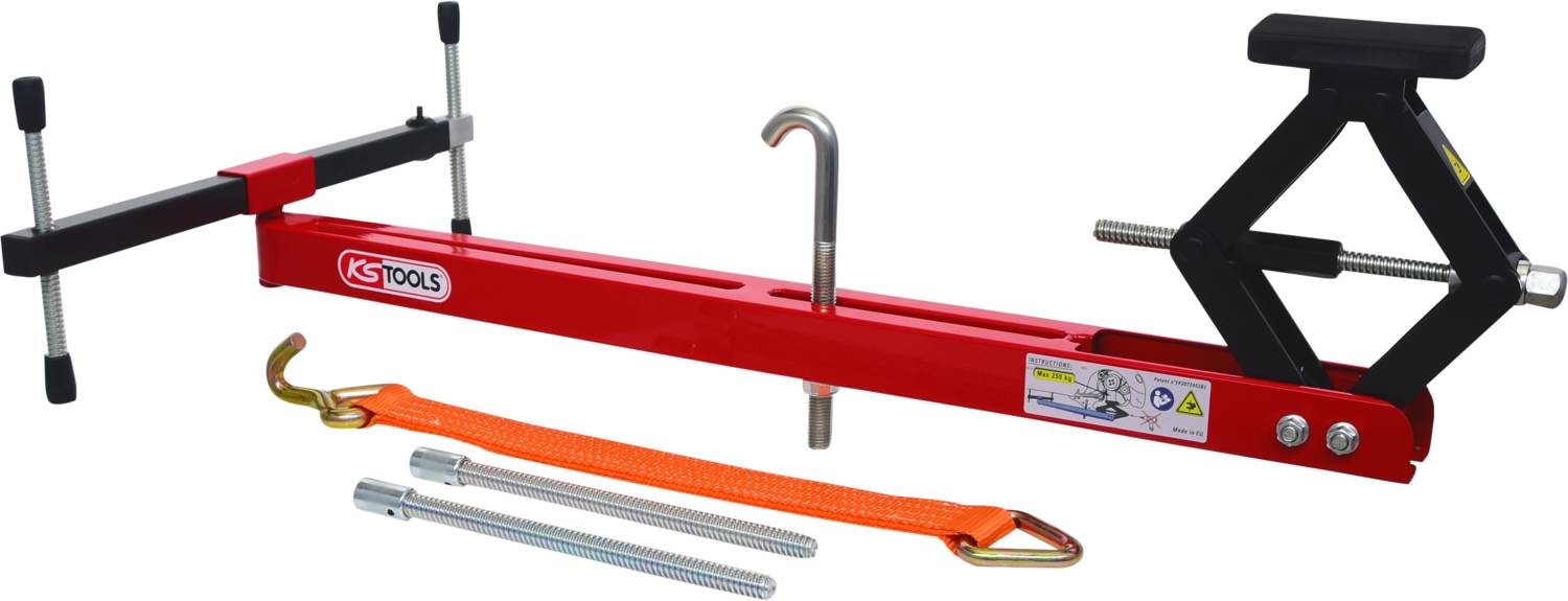 Röd motorhållare för bilreparationer med spännmekanismer, krokar och fästen, inklusive orange spännband.