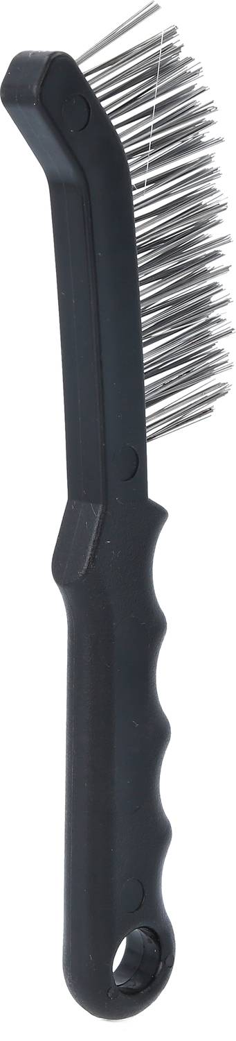 Svart hundborste med långa metallborst och ergonomiskt handtag, lämplig för avfiltrering och skötsel av djurpäls.