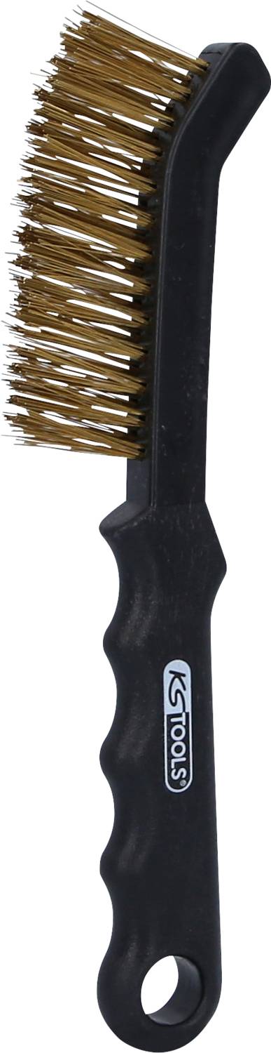 En svart metalborste med mässingsborst och ergonomiskt handtag, lämplig för rengöring av metallytor.