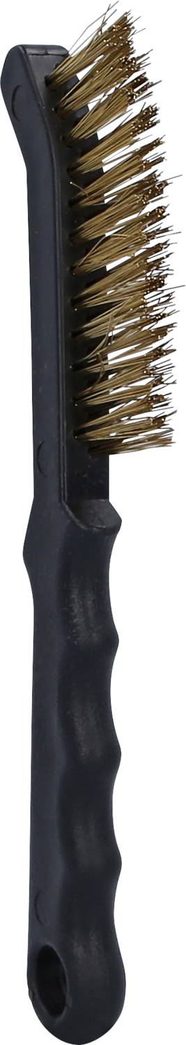 Svart ståltrådsborste med ergonomiskt handtag, böjda metallborst. Lämplig för borttagning av rost eller färg från ytor.