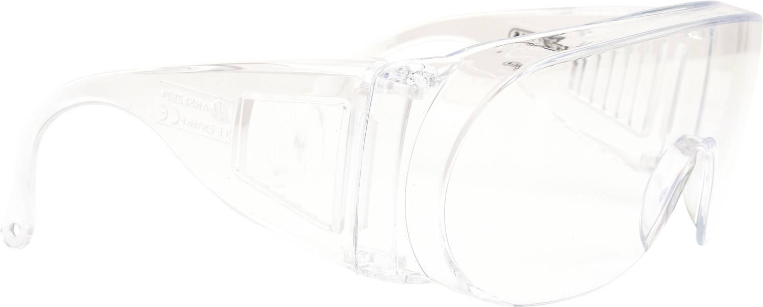 Genomskinliga skyddsglasögon med sidoskydd, lämpliga för laboratoriearbete eller verkstadsmiljöer.