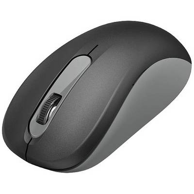 Trådlös, ergonomisk datormus i svart och grått med scrollhjul och två knappar.