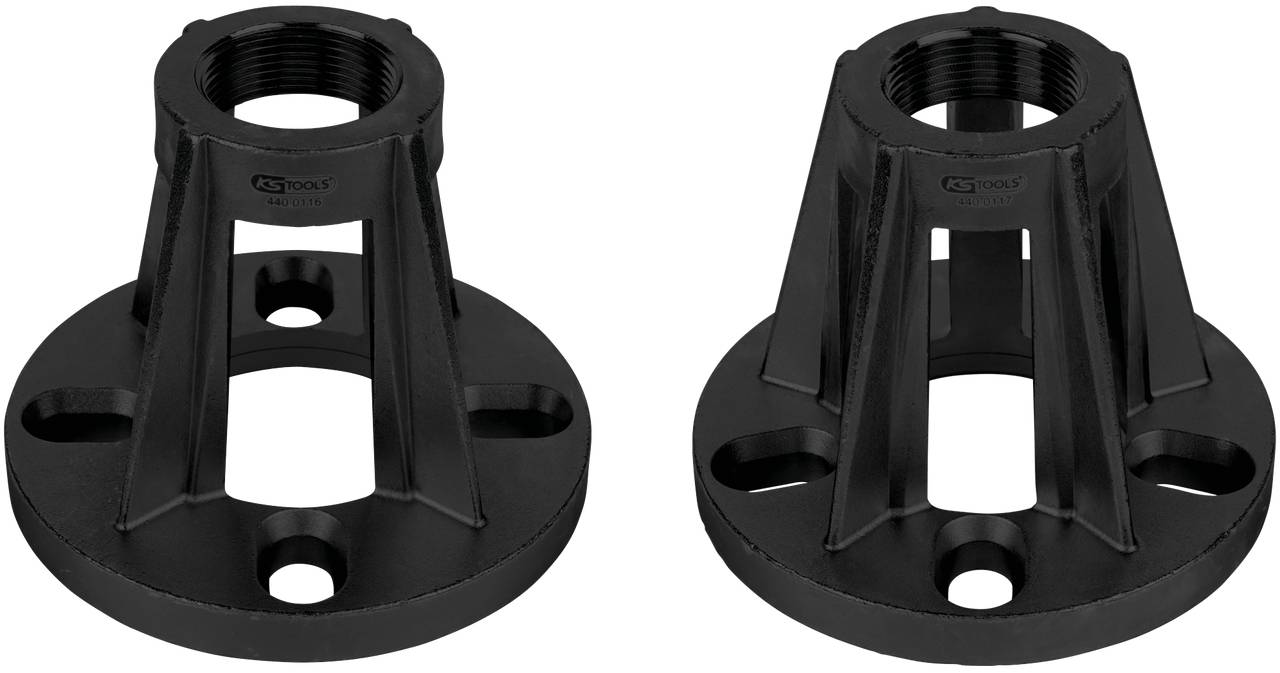 Två svarta cylinderformade metallkomponenter med flera hål och förstärkningselement, lämpliga för mekaniska anslutningar.