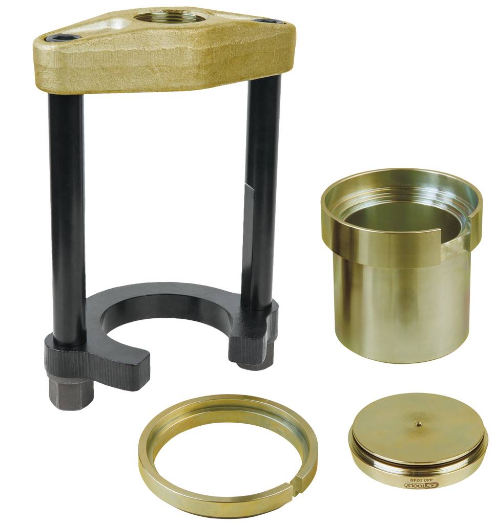 Verktygsuppsättning för lagerinmontering: innefattar övre monteringselement, två skruvstänger, cylindrisk bussning, ring och lock.