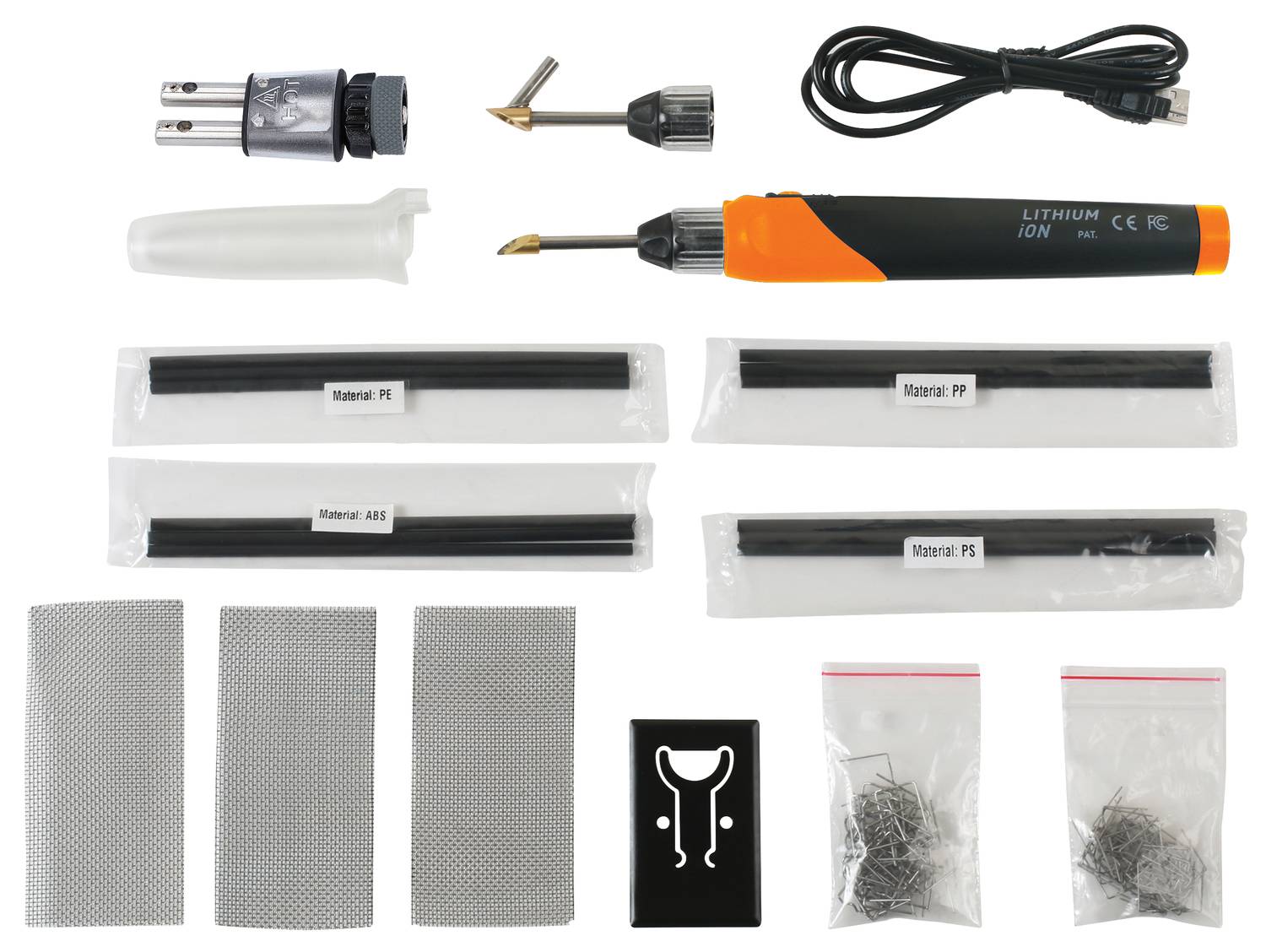 Lödpenna-set med tillbehör, batteri, USB-kabel, plastpinnar och reservdelar. Innehåller material: PP, ABS, PS. Lämplig för DIY-projekt.