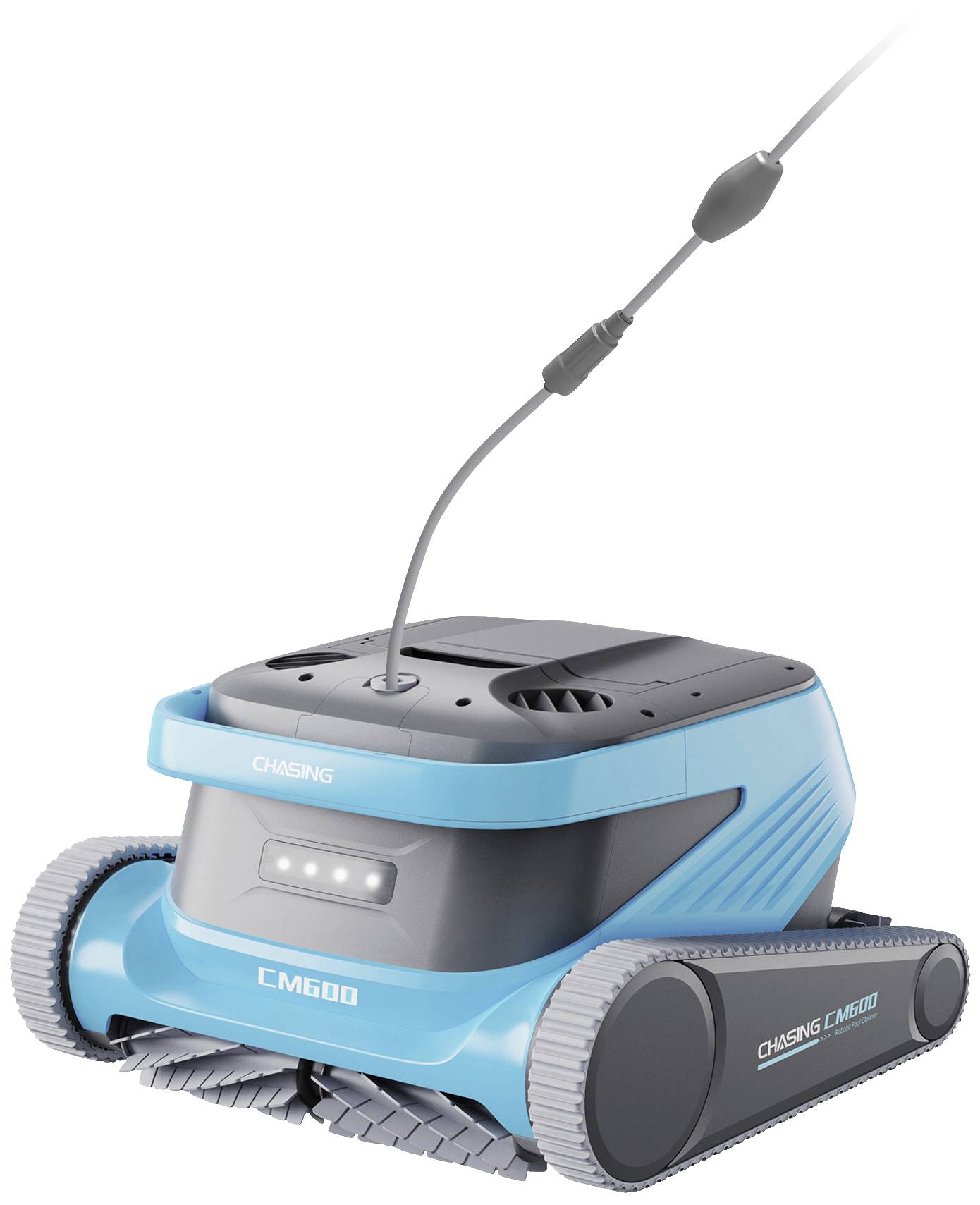 En blå poolrobot med bandgående chassi och kabel rengör automatiskt simbassänger.