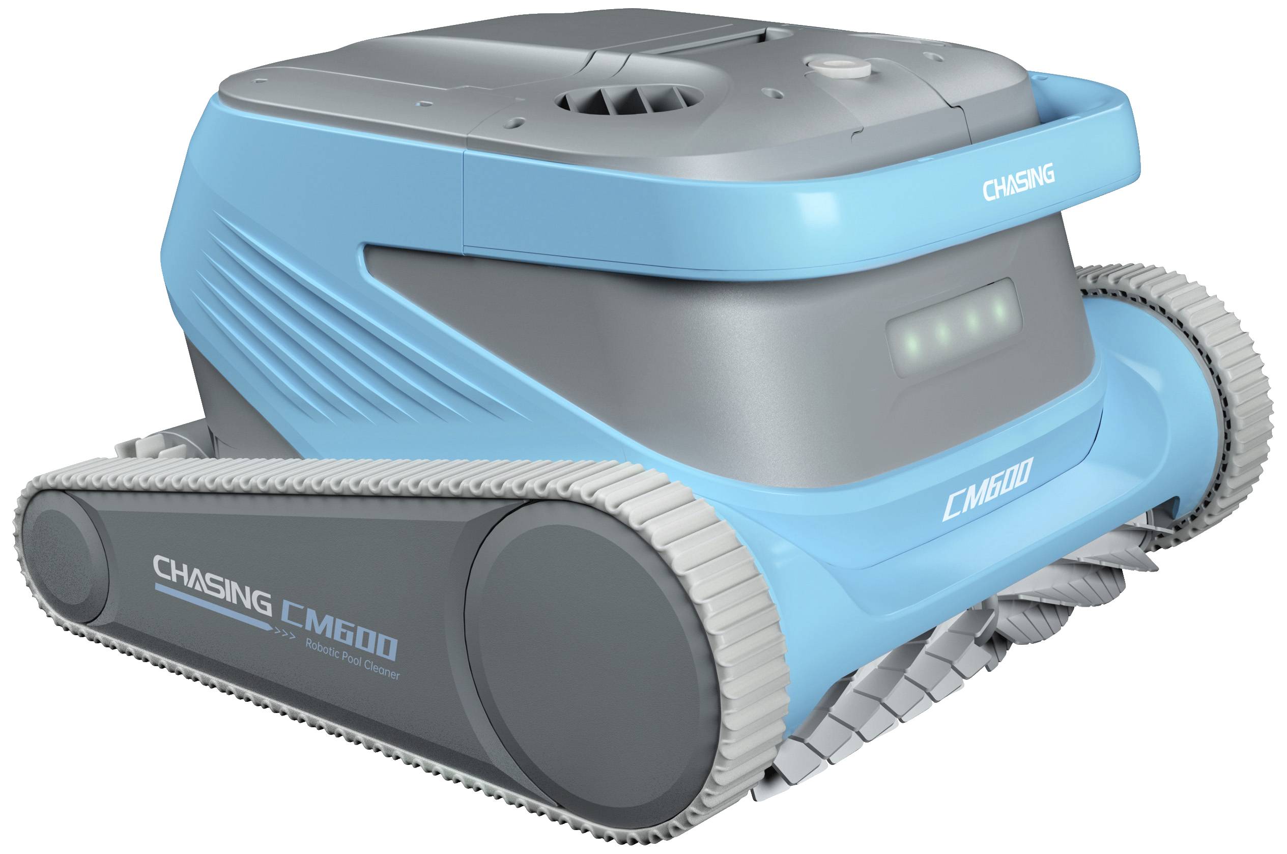 Autonom poolrobot i blått och grått, modell 'CHASING C M600', med kedjedrift och sensorer, idealisk för stora simbassänger.