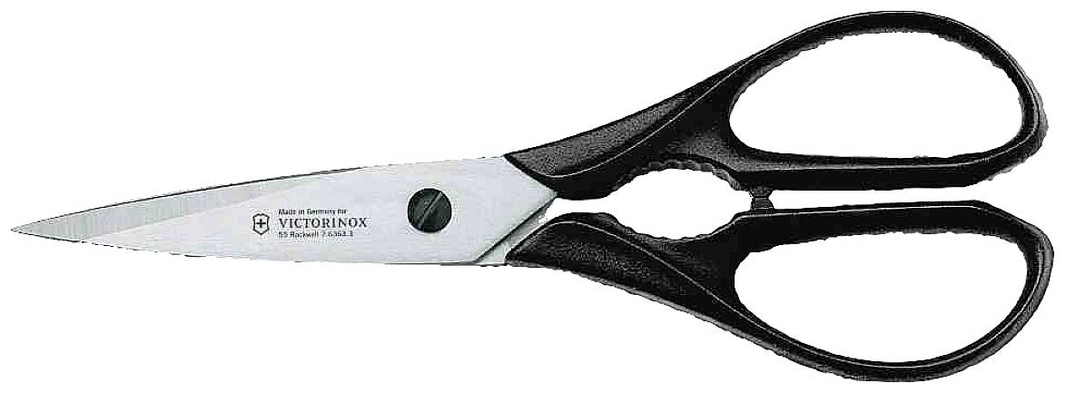 Sax med svarta handtag och silvriga blad, där det står 'Victorinox'. Lämplig för allmän hushållsanvändning.