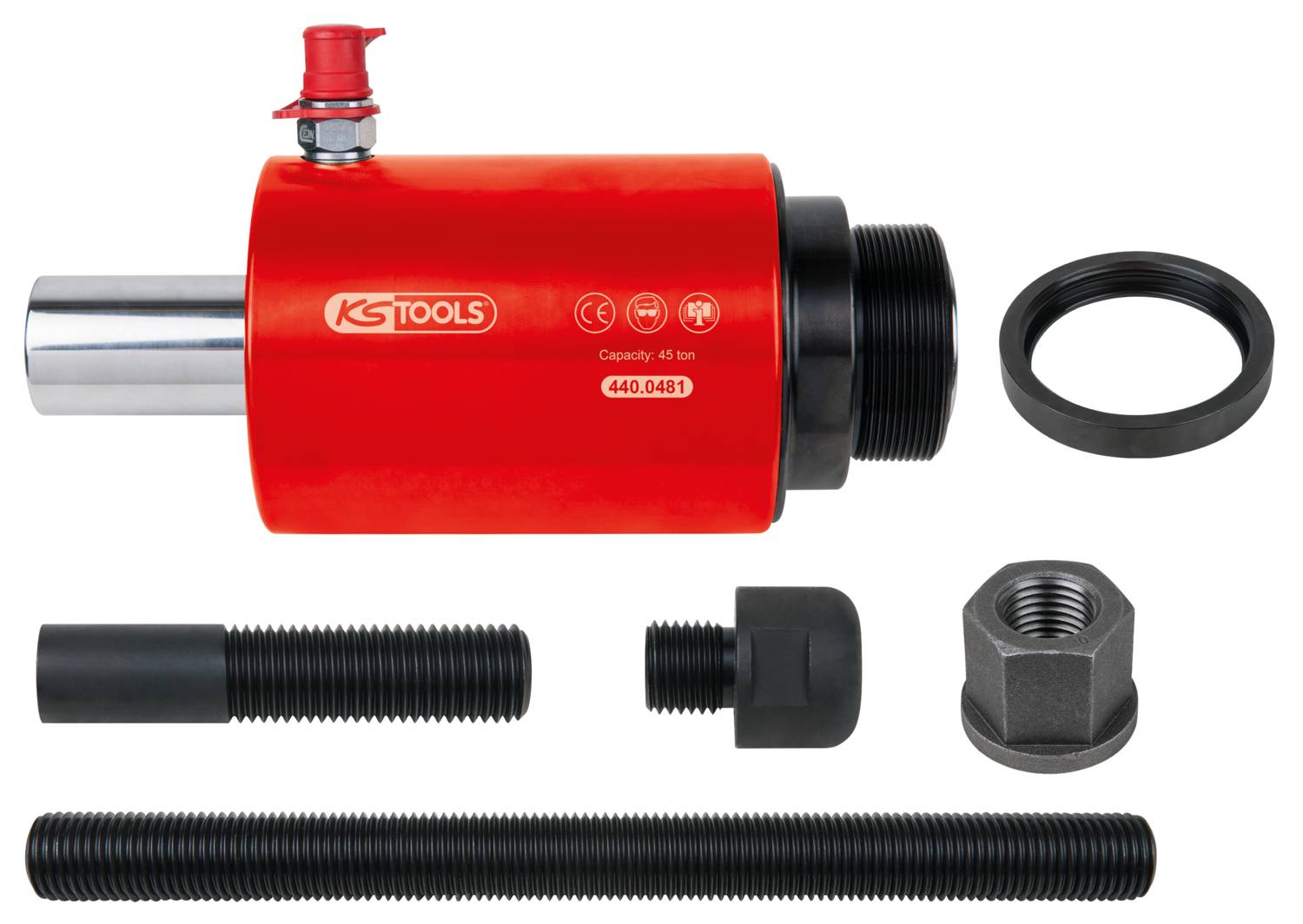 Hydraulisk cylinder och tillbehör. Röd cylinder med 'KS TOOLS' logotyp, två skruvar, tätning och mutter. Kapacitet: 45 ton.
