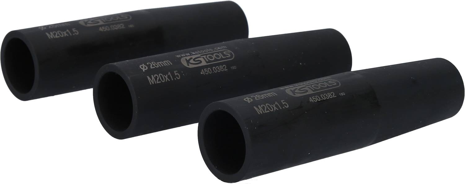 Tre svarta slagmuttrar med trycket "KS TOOLS M20x1.5". De är cylindriska och verkar vara ordnade i olika storlekar.