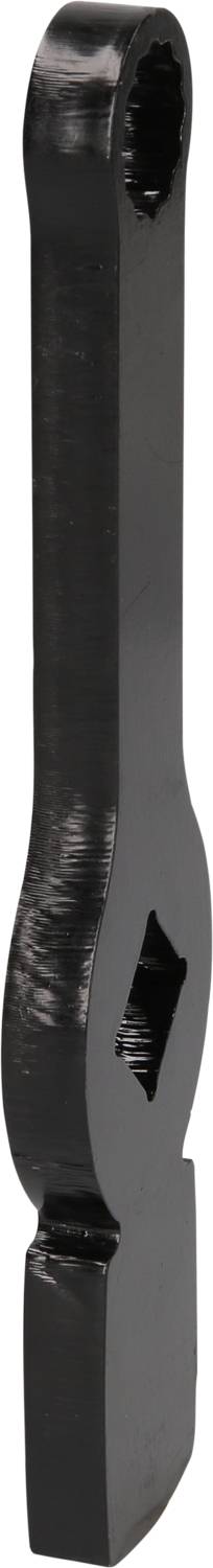 En svart, avlång, massiv skiftnyckel av metall, lämplig för specialskruvar, framställd i upprätt position.