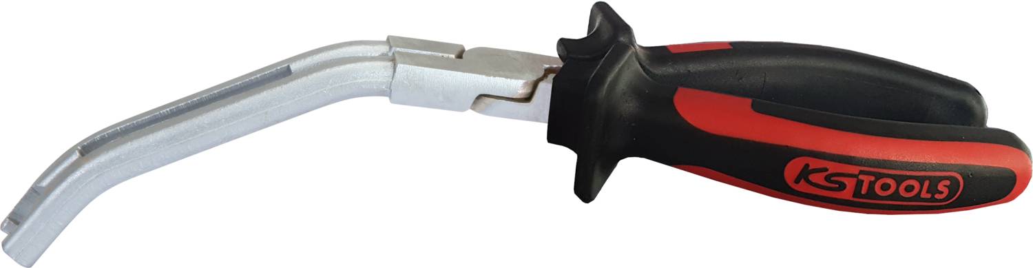 Ett handverktyg med rött och svart handtag. Metalldelen har en böjd form. Verktyget passar för att lossa förbindningar.