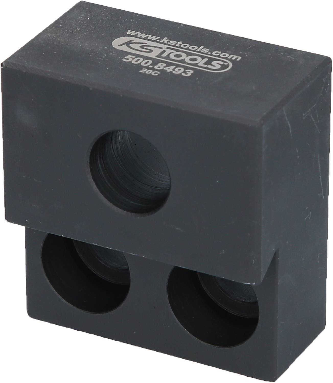 Svart adapterbock med tre runda öppningar, används för rörbockningsmaskiner från KS Tools, modellnummer '500.8493'.