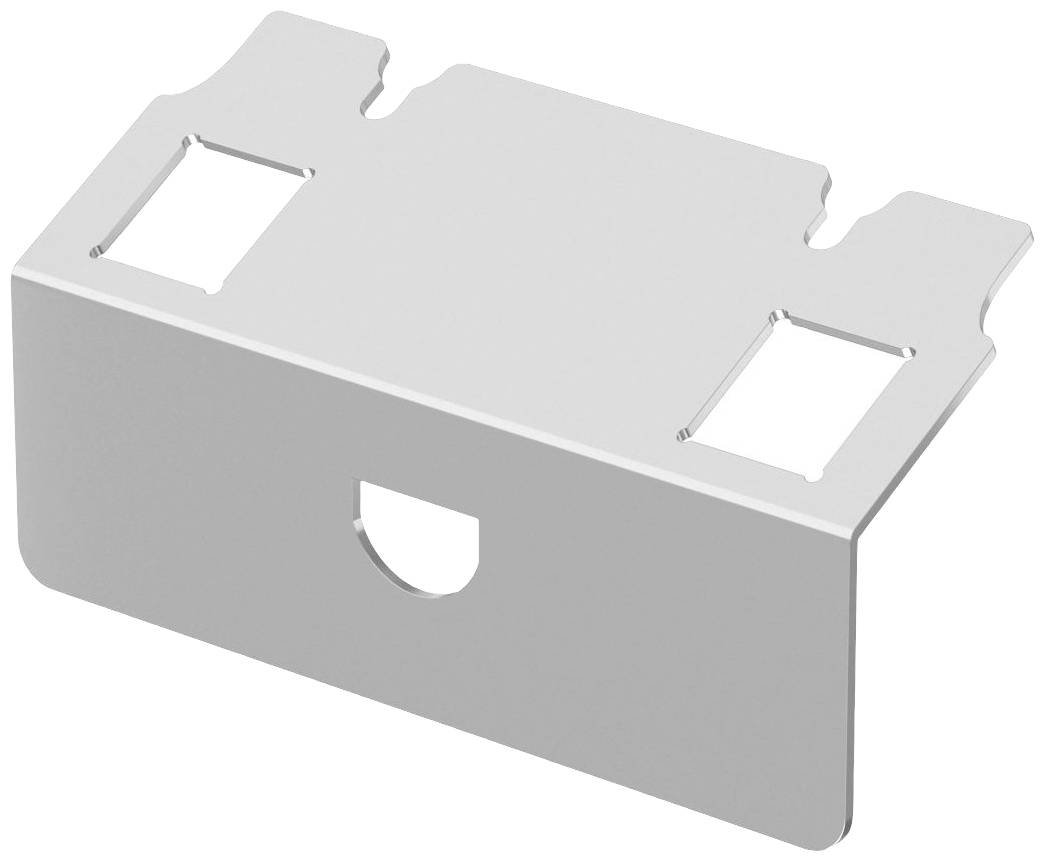 Metallbeslag med rektangulära urtag och välvd kant, sannolikt avsett som fäste eller monteringsplatta.