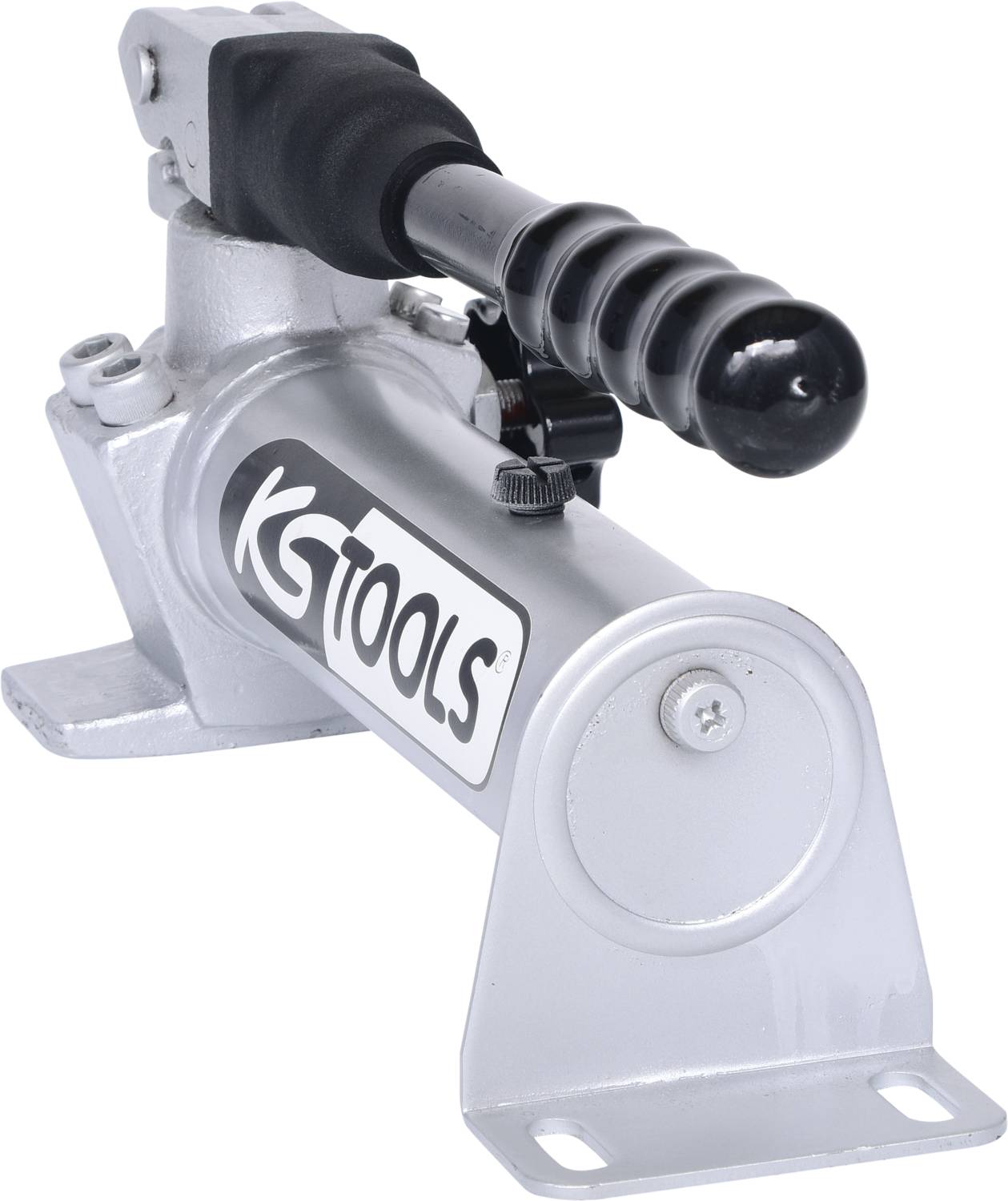 En silverfärgad hydraulpump med svart handtag och 'KS Tools'-logotyp, avsedd för kraftöverföring på verkstäder eller byggarbetsplatser.
