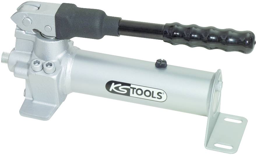 En silverfärgad hydraulisk handpump med svart handtag, med varumärkets logotyp 'KS Tools' på höljet, används för tekniska ändamål.