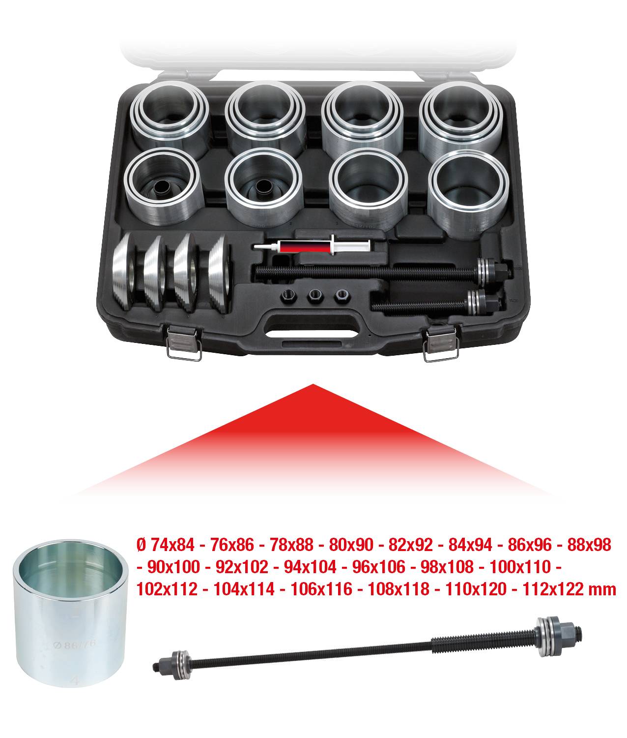 En uppsättning metallhylsor i olika storlekar i en öppen verktygslåda. En lång metallpinne ligger bredvid.