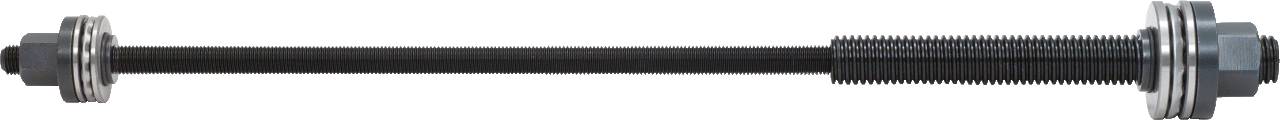 Lång svart gängstång med metallmuttrar och en räfflad greppvred i ändarna, använd för mekaniska fästanordningar.