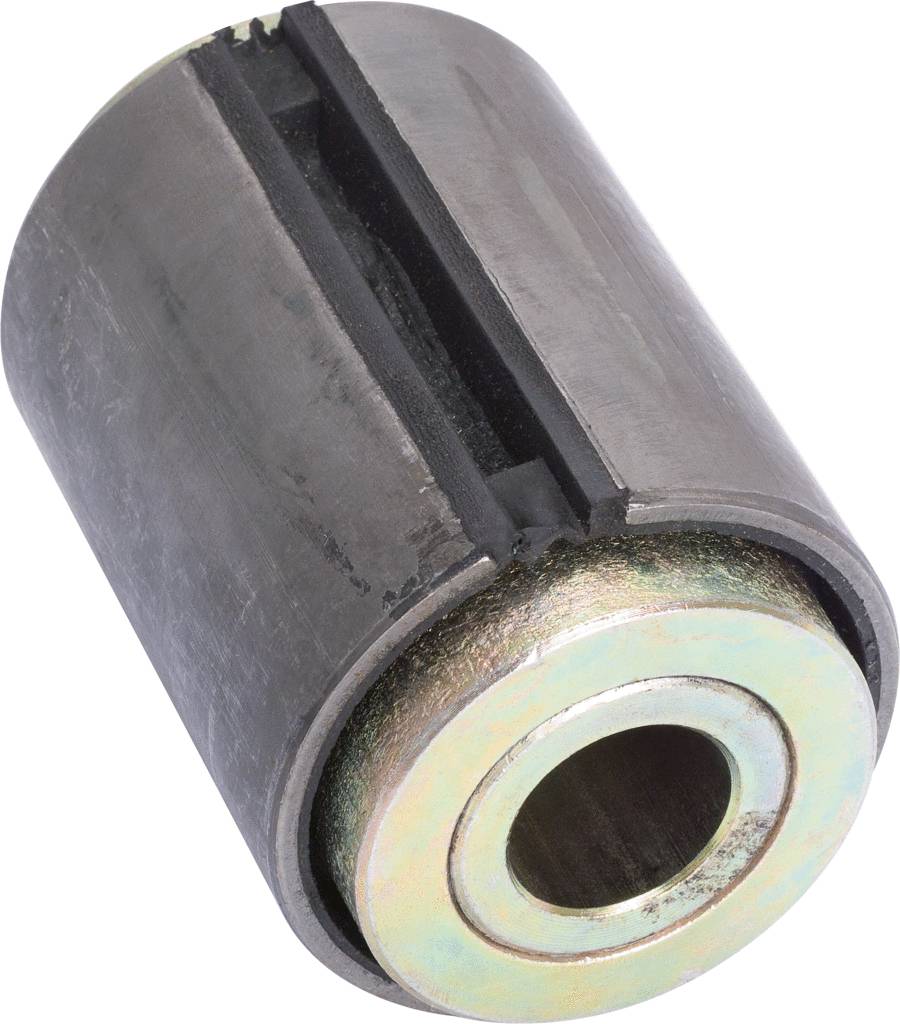 Metallisk cylinder med ett centralt hål och ett spår längs sidan, sannolikt en maskinkomponent eller ett lager.