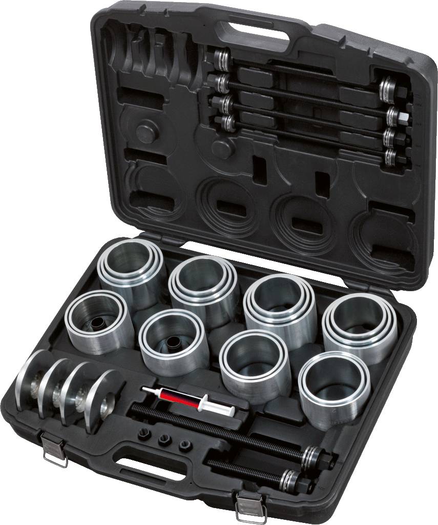 En öppen verktygslåda med olika metalldelar, däribland cylindriska insatser, stänger och ett hanterligt verktyg.