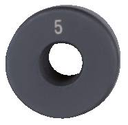 Grå rund metallplatta präglad med siffran '5'.