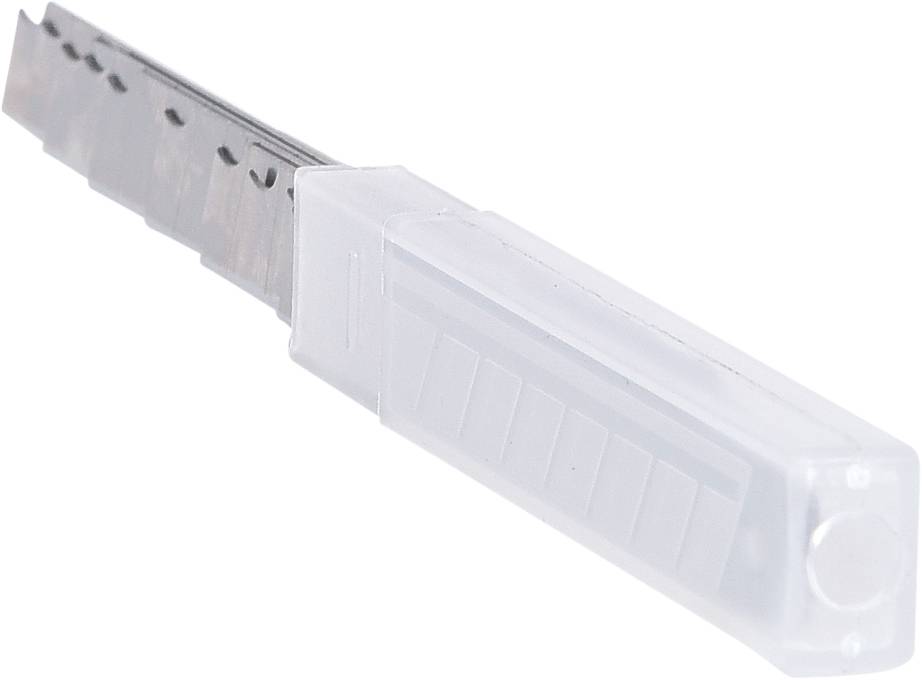 En plastbehållare med flera metallblad för skärning eller hantverk, som säkert förvarar bladen.