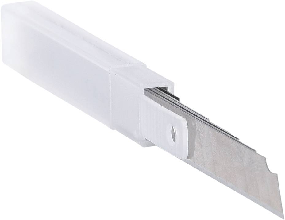 Smal, spetsig kniv av metall, delvis insatt i ett genomskinligt plastfodral.