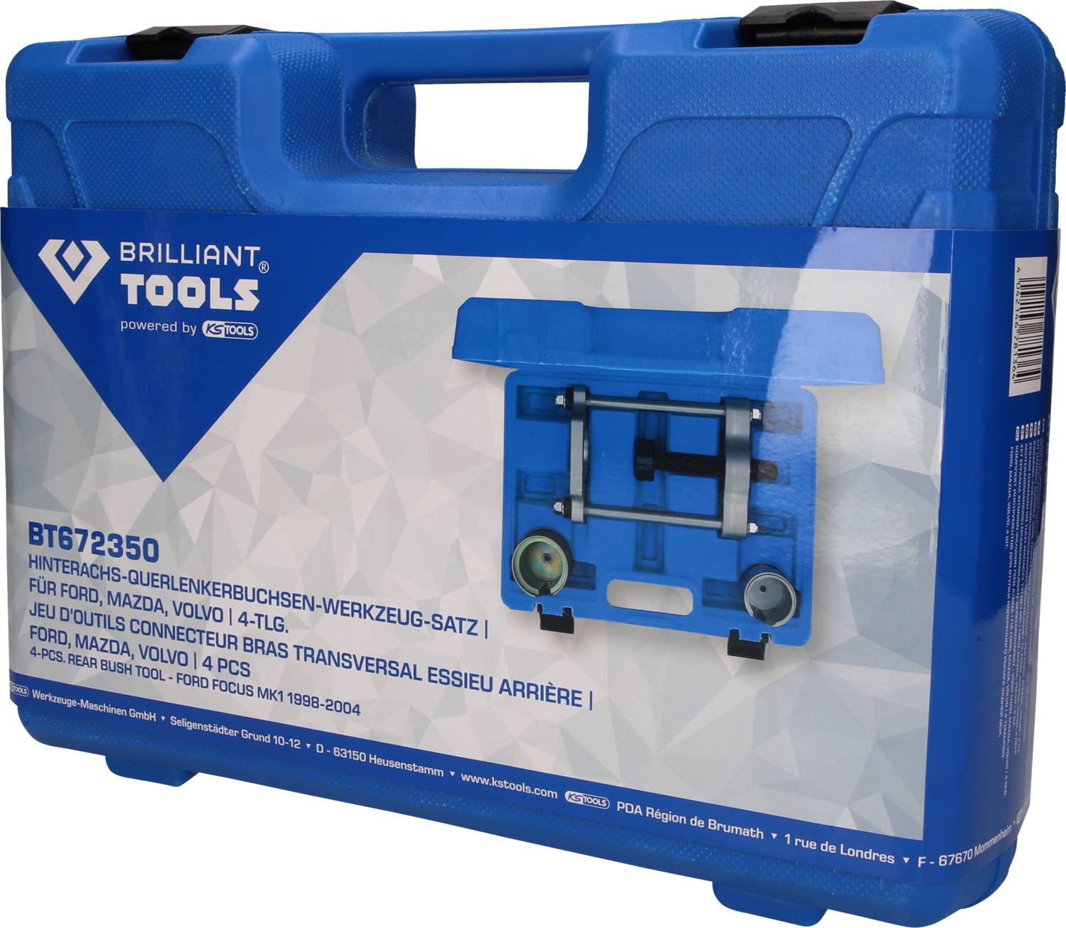 Blå verktygslåda med tryck 'BRILLIANT TOOLS'. Innehåller verktygssats för Ford, Mazda, Volvo. Modell BT672350.
