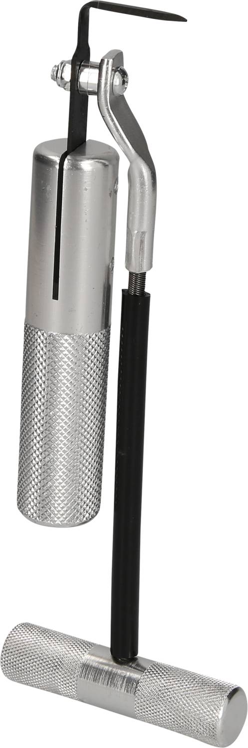 Ett silver-färgat verktyg med ett långt handtag och en böjd, tunn metallkrok. Det ser ut som ett specialverktyg för inredningsarbete eller montering.