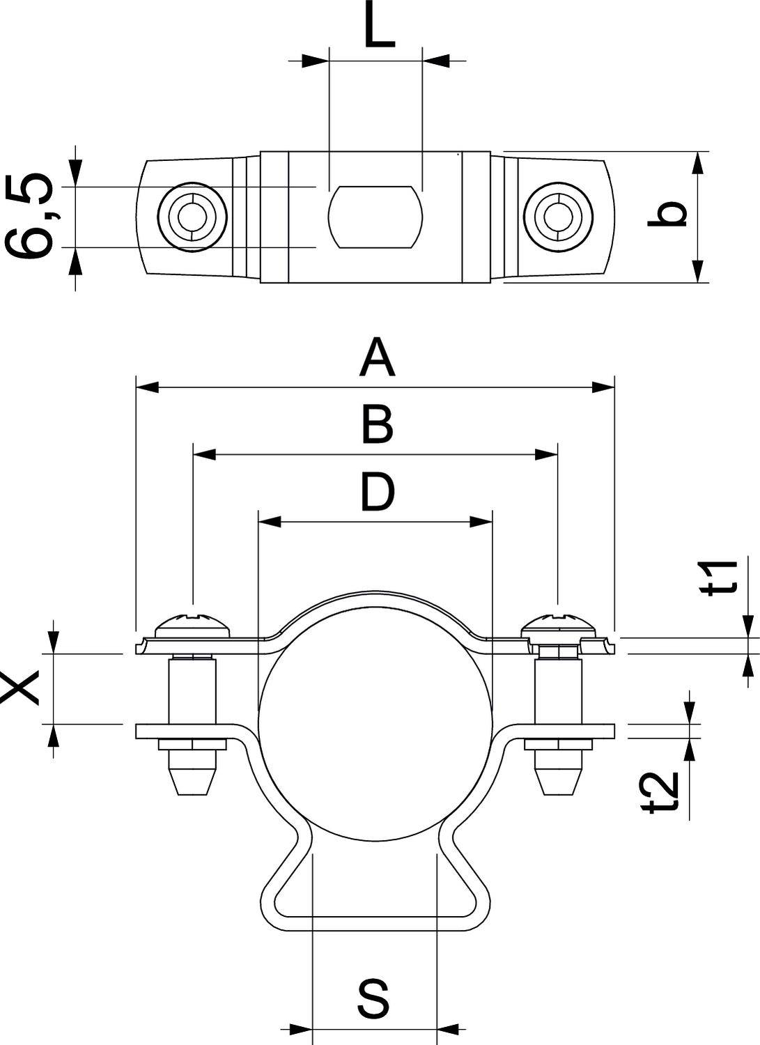 Teknisk ritning av ett rörfäste med mått. Överst vy från vänster, nedtill ovanifrån. Viktiga dimensioner: L, b, A, B, D, t1, t2.
