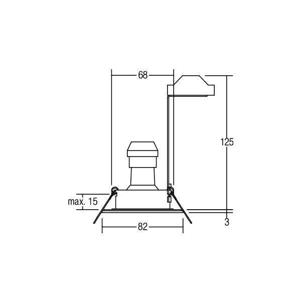 Teknisk ritning av en ventilationsenhet med mått: höjd 125 mm, bredd 68 mm, total djup 82 mm. Maximal djup 15 mm.