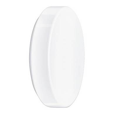 Ett vitt, ovalt, blankt föremål av plast, sett från sidan, utan någon igenkännbar märkning eller funktion.