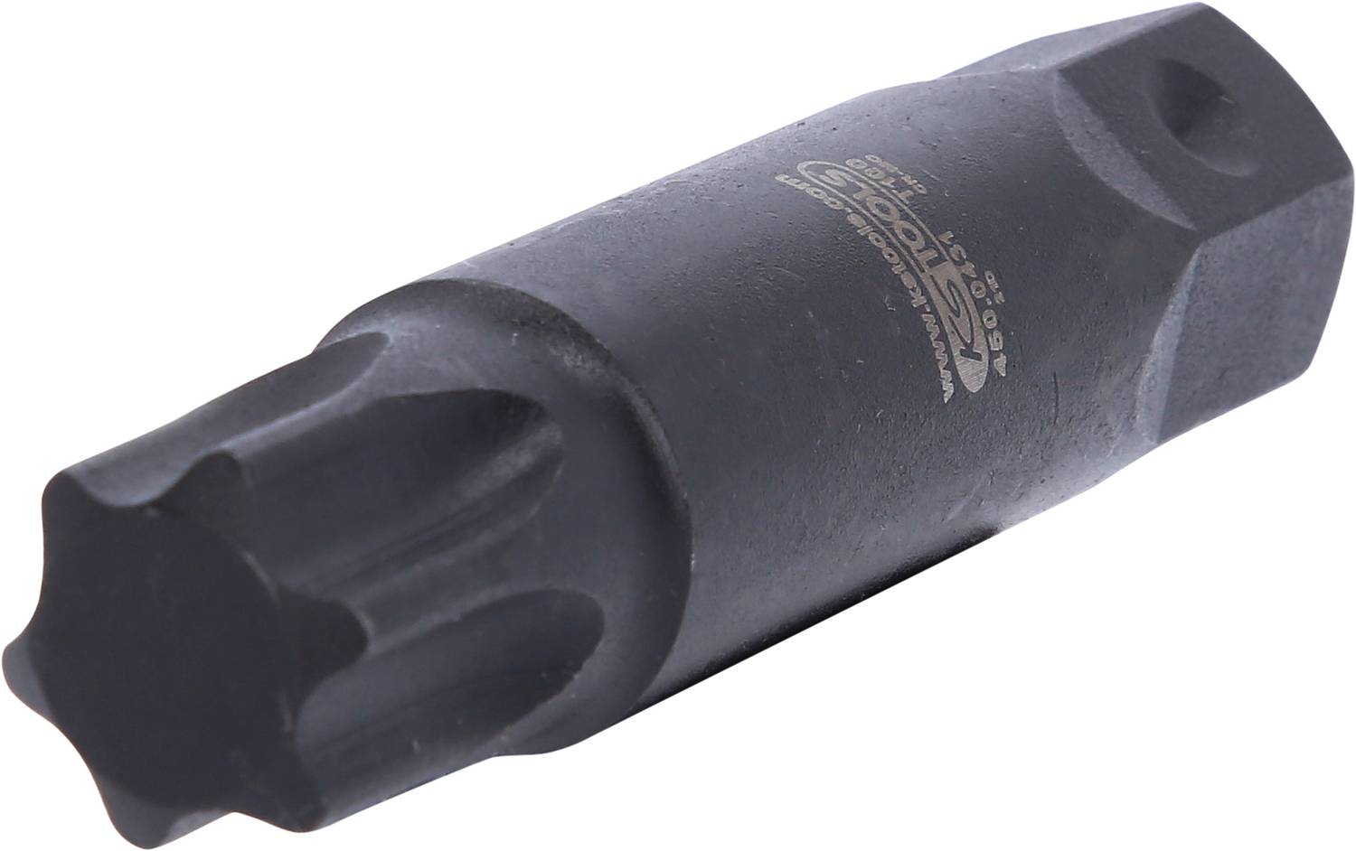 En svart sexkantig hylsnyckel med tandad öppning, lämplig för applikationer som kräver förhöjt vridmoment.