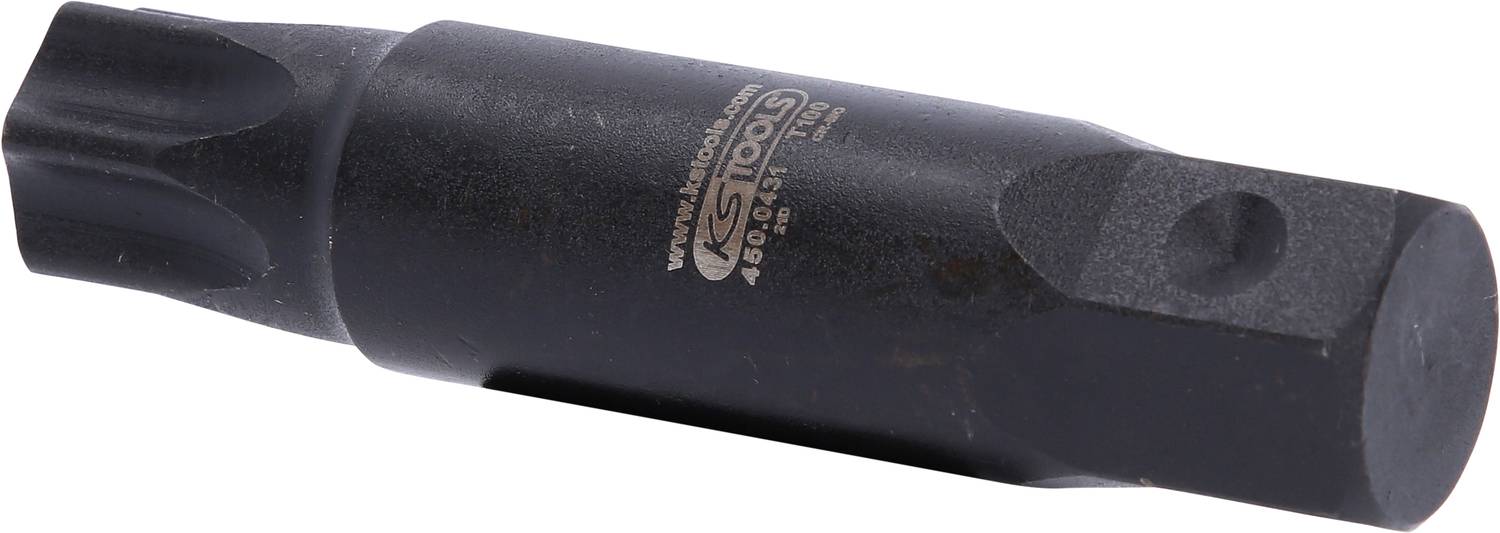 Ett svart verktyg, ett mångtandsat bits med sexkantig bas och cylindrisk skaft, används för fordonsarbeten.