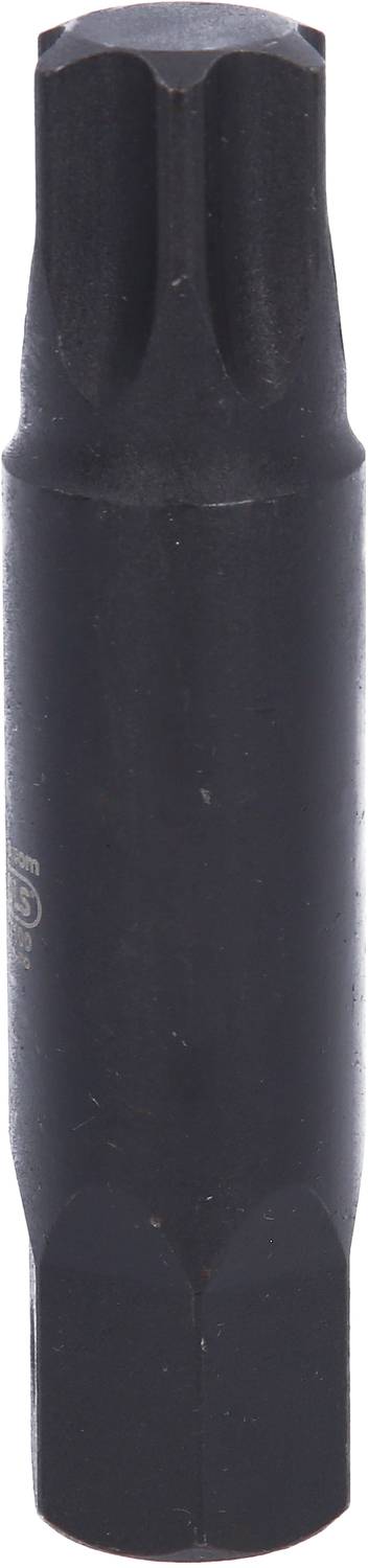 En svart skruvmejselbit med sexkantig fäste och stjärnformad spets, används för att ta bort skruvar.