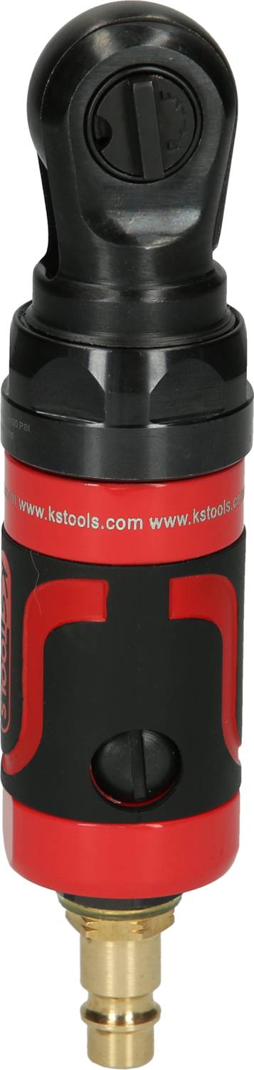 Skrallnyckel, kompakt och ergonomisk, med rött och svart design, visar KS Tools-logotypen. Lämplig för skruvningsarbeten.
